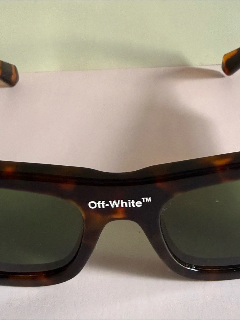 Off-White Rectangular Tortoiseshell Sunglasses with Green Lenses